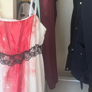 Red and White Strapless Dress with Black Lace